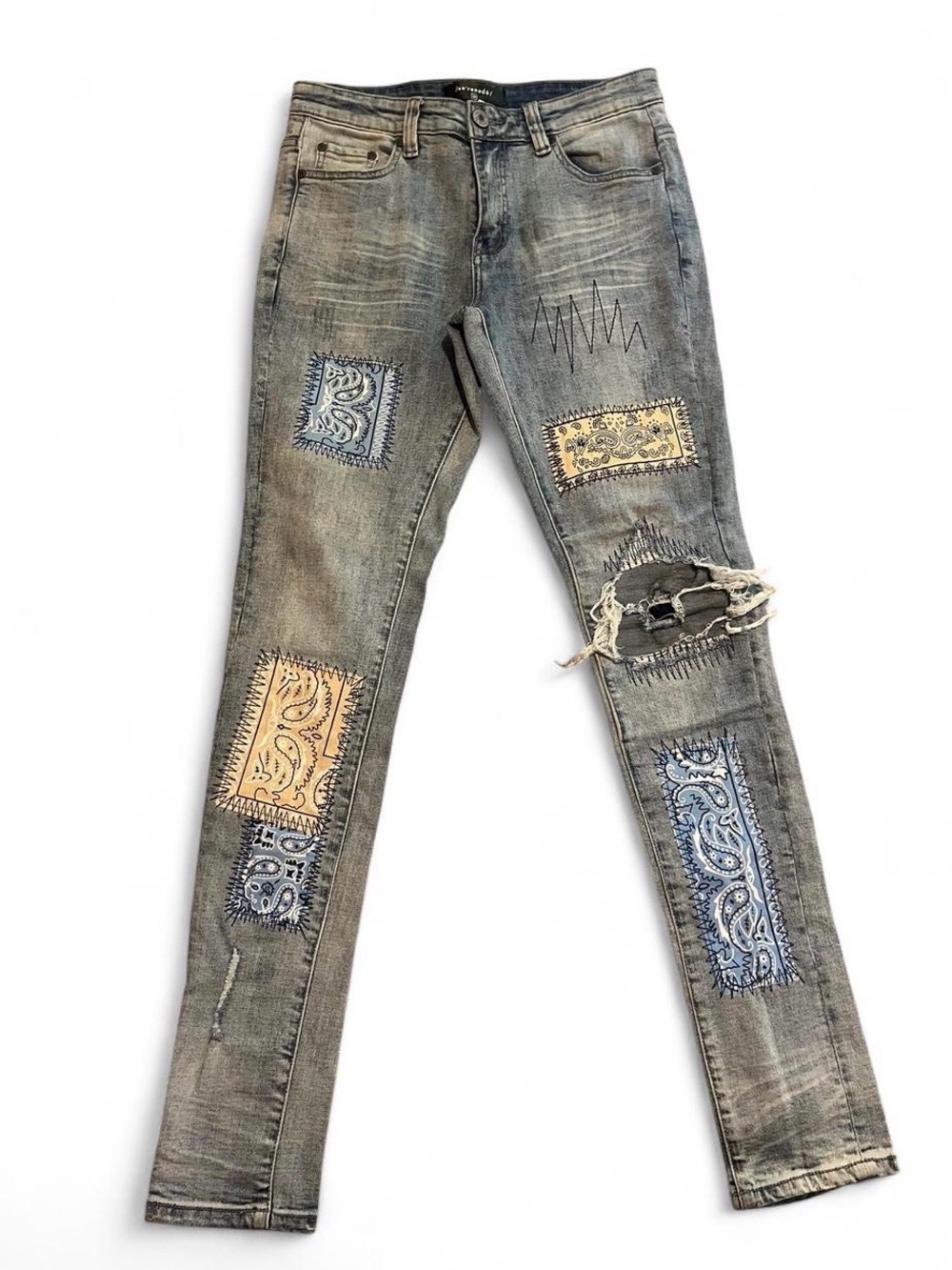 Slim Straight Patchwork Jeans - Gray with Blue & Tan Accents